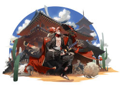 Rule 34 | 1boy, alchemy stars, animal skull, architecture, bandaged arm, bandages, blue sky, cactus, closed mouth, cross scar, day, east asian architecture, hand on own hip, hand up, highres, katana, long sleeves, male focus, mechanical arms, mouth hold, official art, outdoors, oversized forearms, oversized limbs, ponytail, red hair, ryota-h, scar, scar on chest, single mechanical arm, sky, smile, solo, stalk in mouth, sword, tumbleweed, weapon