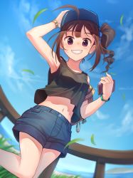Rule 34 | 10s, 1girl, :d, ahoge, armpits, backpack, bag, bare shoulders, black skirt, blue hat, blue sky, breasts, brown hair, cellphone, cloud, cowboy shot, day, denim, denim shorts, drill hair, dutch angle, falling leaves, from below, grass, grin, hair ornament, hair scrunchie, hand on headwear, hand up, hat, highres, holding, holding phone, idolmaster, idolmaster million live!, kamille (vcx68), leaf, long hair, looking at viewer, midriff, nail polish, navel, open mouth, outdoors, phone, purple eyes, railing, scrunchie, shirt, shorts, side ponytail, sidelocks, skirt, sky, sleeveless, sleeveless shirt, small breasts, smartphone, smile, solo, standing, standing on one leg, water, wind, wristband, yokoyama nao