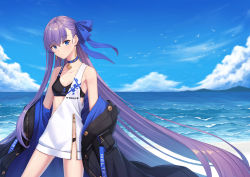 Rule 34 | 1girl, alternate costume, beach, blue eyes, blue ribbon, blue sky, blush, breasts, fate/extra, fate/extra ccc, fate (series), hair ribbon, highres, hoodier, long hair, long sleeves, looking at viewer, meltryllis (fate), ocean, purple hair, ribbon, sky, small breasts, solo, very long hair