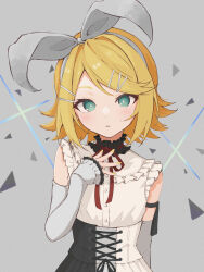 Rule 34 | 1girl, 25-ji nightcord de. (project sekai), arm at side, blonde hair, bright pupils, buttons, cidre db, cross-laced clothes, cross-laced dress, detached sleeves, dress, frilled dress, frilled sleeves, frills, green eyes, grey background, grey sleeves, hair ornament, hairband, hairclip, hand on own chest, highres, kagamine rin, long sleeves, looking at viewer, neck ribbon, parted lips, project sekai, red ribbon, ribbon, short hair, sleeves past wrists, solo, swept bangs, upper body, vocaloid, white hairband, white pupils, white sleeves