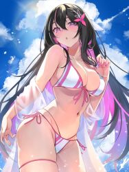 Rule 34 | 1girl, :o, alternate costume, azki (hololive), bare shoulders, bikini, black hair, blue sky, blush, breasts, cleavage, cloud, cloudy sky, colored inner hair, commentary request, cowboy shot, day, from below, front-tie bikini top, front-tie top, hair ornament, highres, hololive, large breasts, looking at viewer, multicolored bikini, multicolored clothes, multicolored hair, off shoulder, omoti (1201208), open mouth, pink eyes, pink hair, side-tie bikini bottom, sky, solo, streaked hair, swimsuit, thigh strap, thighs, virtual youtuber, white bikini, white hair