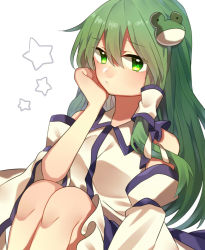 Rule 34 | 1girl, detached sleeves, frog, frog hair ornament, green eyes, green hair, hair ornament, hair tubes, japanese clothes, kochiya sanae, long hair, matching hair/eyes, miko, one-hour drawing challenge, renka (sutegoma25), simple background, snake, snake hair ornament, solo, star (symbol), touhou, white background, wide sleeves