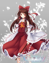Rule 34 | 1girl, ascot, bare shoulders, blush, bow, breasts, brown hair, collarbone, commentary request, copyright name, detached sleeves, feet out of frame, frilled shirt collar, frills, gohei, grey background, hair bow, hair tubes, hakurei reimu, holding, long hair, long sleeves, looking at viewer, petticoat, red bow, red eyes, red skirt, ribbon-trimmed sleeves, ribbon trim, shide, sidelocks, simple background, skirt, skirt set, small breasts, solo, standing, touhou, wide sleeves, yellow ascot, z.o.b