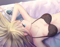 Rule 34 | 1girl, arm up, armpits, bed sheet, black bra, blonde hair, blue eyes, bra, breasts, chyt, cleavage, collarbone, crease, eyelashes, hand on own head, highres, lexington (warship girls r), light, long hair, looking at viewer, looking to the side, lying, medium breasts, on back, on bed, reclining, scan, solo, underwear, upper body, warship girls r