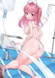 Rule 34 | 1girl, :o, ass, beach towel, bikini, blush, box, breasts, from behind, goddess of victory: nikke, hair intakes, hat, highres, intravenous drip, large breasts, long hair, looking at viewer, nail polish, nurse cap, official alternate costume, open mouth, pepper (nikke), pepper (ocean vitamin) (nikke), pink eyes, pink hair, pink nails, polka dot, polka dot bikini, sandals, side ponytail, sideboob, slap mark, solo, sweat, swimsuit, towel, wfa5051, white bikini, white hat