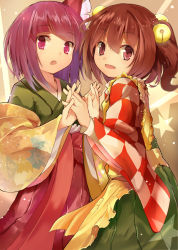 Rule 34 | 2girls, bell, brown eyes, brown hair, efe, flower, hair bell, hair flower, hair ornament, hieda no akyuu, holding hands, interlocked fingers, japanese clothes, kimono, long sleeves, looking at viewer, md5 mismatch, motoori kosuzu, multiple girls, open mouth, purple eyes, purple hair, resolution mismatch, smile, source smaller, star (symbol), touhou, two side up, wide sleeves