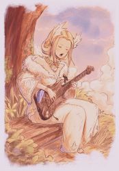 Rule 34 | 1girl, blonde hair, dress, closed eyes, final fantasy, final fantasy xiv, fur-trimmed dress, fur trim, guitar, gusty10rk, highres, instrument, jewelry, kan-e-senna, music, necklace, open mouth, outdoors, padjal, playing instrument, sitting