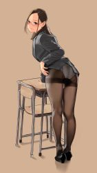 Rule 34 | 1girl, ass, blush, brown eyes, chair, clothes lift, desk, earrings, forehead, glasses, grey jacket, grey skirt, highres, jacket, jewelry, legs, lifted by self, long hair, looking at viewer, looking back, miru tights, okuzumi yuiko, original, panties, panties under pantyhose, pantyhose, parted bangs, simple background, skirt, skirt lift, smile, solo, teacher, thighband pantyhose, thighs, underwear, uniform, white panties, yomu (sgt epper)