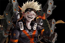 Rule 34 | 1boy, alternate eye color, ammunition belt, arm at side, arm up, baggy pants, bakugou katsuki, bangs pinned back, belt feed, birthday, black background, black mask, black pants, blonde hair, blush, boku no hero academia, cable, chimi (2303hero), commentary request, cropped, explosive, eye mask, gloves, green gloves, grenade, gun, happy, head tilt, high collar, highres, korean commentary, looking at viewer, machine gun, male focus, mask, mask lift, mask on head, official alternate costume, open collar, open mouth, orange eyes, orange gloves, pants, sanpaku, shell casing, short hair, sideways glance, simple background, single horizontal stripe, smile, solo, sparkle, spiked hair, spoilers, sweat, teeth, tsurime, two-tone gloves, undershirt, upper body, weapon, wrist guards, x