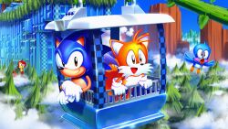 Rule 34 | 2boys, absurdres, animal ears, chairlift, flicky (character), fox ears, fox tail, gloves, highres, hill top zone, in-universe location, mountain, multiple boys, nature, official art, pine tree, sonic (series), sonic the hedgehog, sonic the hedgehog (classic), sonic the hedgehog 2, tail, tails (sonic), tree, tripplejaz, white gloves, wings