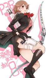Rule 34 | 1girl, arrow (projectile), black footwear, black gloves, black jacket, black skirt, black socks, blush, bow (weapon), brown eyes, brown hair, commentary, copyright name, countdown illustration, drop shadow, eyelashes, foot out of frame, from below, from side, gloves, gun, handgun, highres, holding, holding bow (weapon), holding gun, holding weapon, jacket, kneehighs, kurosususu, long sleeves, miniskirt, open clothes, open jacket, open mouth, partially fingerless gloves, persona, persona 3, persona 3 reload, pink shirt, shirt, shoes, short hair, simple background, skindentation, skirt, smile, socks, solo, takeba yukari, thighs, translated, weapon, white background