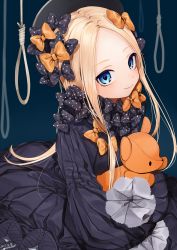 Rule 34 | 1girl, abigail williams (fate), artist name, bad id, bad twitter id, black bow, black dress, black hat, blonde hair, blue eyes, bow, closed mouth, dated, dress, fate/grand order, fate (series), forehead, gotou (nekocat), hair bow, hat, highres, long hair, long sleeves, looking at viewer, noose, orange bow, parted bangs, polka dot, polka dot bow, simple background, smile, solo, stuffed animal, stuffed toy, teddy bear