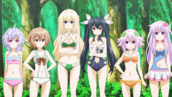 Rule 34 | 6+girls, angry, arms behind back, bikini, black hair, blanc, blanc (neptunia), blonde hair, blue eyes, breasts, brown hair, choujigen game neptune the animation, cleavage, crossed arms, hair ribbon, hand on own hip, hands on own hips, highres, large breasts, legs, long hair, looking at viewer, medium breasts, multiple girls, navel, nepgear, neptune (neptunia), neptune (series), noire (neptunia), one-piece swimsuit, purple eyes, purple hair, pururut, red eyes, ribbon, short hair, siblings, sisters, small breasts, stitched, swimsuit, thighs, third-party edit, twintails, vert, vert (neptunia)