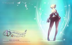 Rule 34 | 1girl, armor, bare back, bare shoulders, bird, blonde hair, calendar, copyright name, dove, ertheia, fantasy, feathers, from behind, gauntlets, gradient background, highres, lineage, lineage 2, miniskirt, pointy ears, shaded face, short hair, skirt, smile, tattoo, wallpaper