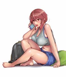 Rule 34 | 1girl, aged up, backpack, bag, barefoot, blush, breasts, brown eyes, brown hair, camera, cellphone, cleavage, full body, large breasts, midriff, navel, open mouth, phone, rozen maiden, short hair, short shorts, shorts, simple background, sitting, solo, souseiseki, tank top, tsuda nanafushi, white background