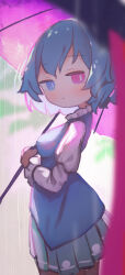 Rule 34 | 1girl, absurdres, blue eyes, blue hair, blue skirt, blue vest, blurry, blurry background, blush, breasts, chii (tsumami tsumamare), closed mouth, commentary, from side, heterochromia, highres, holding, holding umbrella, juliet sleeves, karakasa obake, long sleeves, looking at viewer, medium breasts, puffy sleeves, purple umbrella, rain, red eyes, shirt, skirt, solo, symbol-only commentary, tatara kogasa, tongue, touhou, umbrella, vest, white shirt