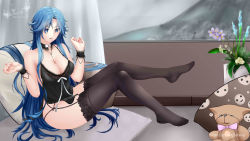 Rule 34 | 1girl, absurdres, azur lane, babydoll, black babydoll, black camisole, black nightgown, black thighhighs, blue eyes, blue hair, breasts, camisole, cleavage, fanxing, full body, garter straps, highres, indoors, lace, lace-trimmed collar, lace-trimmed legwear, lace trim, large breasts, long hair, looking at viewer, nightgown, official alternate costume, sitting, sleepwear, solo, sovetskaya belorussiya (azur lane), sovetskaya belorussiya (relaxation stratagem) (azur lane), stuffed animal, stuffed toy, teddy bear, thighhighs, very long hair