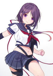 Rule 34 | 1girl, ariake (kancolle), bandages, blue sailor collar, blue skirt, commission, cosplay, hair over one eye, kako (kancolle), kako (kancolle) (cosplay), kako kai ni (kancolle), kako kai ni (kancolle) (cosplay), kantai collection, long hair, low ponytail, midriff, mitsuyo (mituyo324), navel, neckerchief, pleated skirt, purple eyes, purple hair, red neckerchief, sailor collar, school uniform, serafuku, simple background, skirt, solo, white background