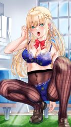 Rule 34 | 1girl, blonde hair, bow, bra, braid, breasts, cleavage, commission, green eyes, heaven burns red, highres, indoors, large breasts, long hair, looking at viewer, midriff, noir (nowaru), panties, purple bra, purple panties, red bow, ribbon, sexually suggestive, skeb commission, striped clothes, striped thighhighs, thighhighs, tongue, tongue out, toujou tsukasa, underwear, vertical-striped clothes, vertical-striped thighhighs, white ribbon