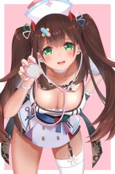 Rule 34 | 1girl, ako suke, blush, breasts, brown hair, cleavage, collarbone, commentary request, green eyes, hair ornament, hanamori healthy, hat, highres, large breasts, melty+, nurse, nurse cap, open mouth, simple background, single thighhigh, solo, thighhighs, twintails, virtual youtuber