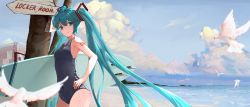 Rule 34 | 1girl, aqua eyes, aqua hair, arm tattoo, beach, bird, black one-piece swimsuit, blurry, breasts, c-ongc, carrying, carrying under arm, cloud, commentary, covered navel, cowboy shot, day, depth of field, from side, hair ornament, hand up, hatsune miku, holding, holding surfboard, long hair, looking at viewer, medium breasts, ocean, one-piece swimsuit, outdoors, paper, product placement, road sign, sign, sky, smile, solo, surfboard, swimsuit, tattoo, tree, twintails, vending machine, very long hair, vocaloid, wet, wet hair