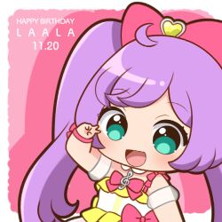 Rule 34 | 1girl, :d, ahoge, border, bow, character name, chibi, chii (chi pppuri), commentary request, cowboy shot, detached sleeves, dress, drop shadow, hair bow, hand up, happy birthday, idol clothes, long hair, looking at viewer, manaka laala, multicolored clothes, multicolored dress, open mouth, outside border, pink background, pink bow, pretty series, pripara, puffy detached sleeves, puffy sleeves, purple hair, smile, solo, standing, treble clef, twintails, v over eye, very long hair, white border