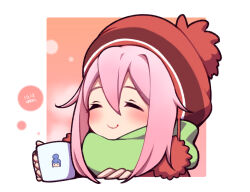 Rule 34 | 1girl, closed eyes, commentary, cup, dated, green scarf, holding, holding cup, kagamihara nadeshiko, long hair, mug, pink hair, red headwear, scarf, shima rin, smile, symbol-only commentary, umenodo, winter clothes, woollen cap, yurucamp