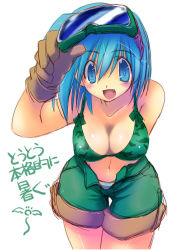 Rule 34 | 1girl, blue eyes, blue hair, breasts, cleavage, gloves, goggles, large breasts, leaning forward, matching hair/eyes, midriff, navel, panties, sakaki (noi-gren), short hair, shorts, simple background, solo, unbuttoned, underwear