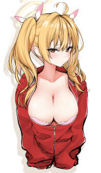 Rule 34 | 1girl, ahoge, black jacket, blonde hair, blue archive, blush, bra, breasts, cleavage, collarbone, cropped torso, halo, highres, hkuran, jacket, large breasts, looking at viewer, partially unzipped, pink bra, simple background, solo, twintails, underwear, upper body, white background, yoshimi (blue archive)