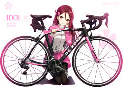 Rule 34 | 1girl, bicycle, black pantyhose, blush, breasts, closed mouth, commentary request, full body, hair behind ear, hair between eyes, hair ornament, hairclip, half updo, hand in own hair, hand on own ear, head tilt, huyukaaki, jacket, kneeling, long hair, long sleeves, looking at viewer, love live!, love live! sunshine!!, miniskirt, pantyhose, pink skirt, plaid, pleated skirt, red hair, sakurauchi riko, shoes, skirt, skirt set, small breasts, smile, sneakers, solo, white background, yellow eyes