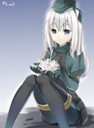 Rule 34 | 10s, 1girl, bad id, bad pixiv id, black dress, black pantyhose, blue eyes, blush, cropped jacket, dress, flower, garrison cap, gloves, hat, kantai collection, knees together feet apart, knees up, lily (flower), long hair, military, military hat, military uniform, navy (navy.blue), pale skin, pantyhose, puffy sleeves, sitting, solo, twitter username, u-511 (kancolle), uniform, white hair
