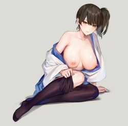 Rule 34 | 1girl, arm support, bare shoulders, black thighhighs, blue skirt, blush, breasts, breasts out, brown eyes, brown hair, closed mouth, collarbone, commentary request, grey background, hair between eyes, hakama, hakama short skirt, hakama skirt, highres, japanese clothes, kaga (kancolle), kaguyuzu, kantai collection, kimono, large breasts, looking at viewer, nipples, off shoulder, open clothes, open kimono, removing legwear, revision, side ponytail, sitting, skirt, smile, solo, thighhighs, thighs
