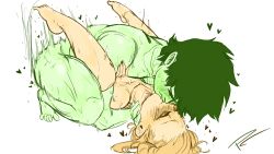 Rule 34 | 1boy, blonde hair, blush, boku no hero academia, brown eyes, curly hair, closed eyes, face-to-face, fakeryway, freckles, french kiss, green hair, happy sex, heart, highres, kiss, legs up, loves, lying, mating press, messy hair, midoriya izuku, missionary, motion lines, on back, sex, short hair, spread legs, sweat, toga himiko, uncensored, vaginal