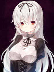 Rule 34 | 1girl, black dress, black ribbon, blush, breasts, closed mouth, commentary request, copyright request, dress, hair between eyes, hair ribbon, highres, juliet sleeves, long hair, long sleeves, looking at viewer, medium breasts, neck ribbon, puffy sleeves, purple background, red eyes, ribbon, sidelocks, silver hair, solo, upper body, yuku (kiollion)