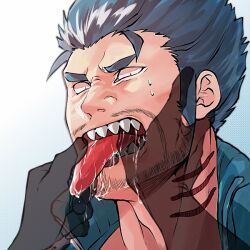 Rule 34 | 1boy, bara, beard stubble, dagon (housamo), dark-skinned male, dark skin, facial hair, finger in another&#039;s mouth, fins, fish boy, grey hair, long sideburns, looking at viewer, male focus, mature male, mustache stubble, nervous sweating, noramoso, pov, pov hands, saliva, sharp teeth, short hair, sideburns, slit pupils, solo, stubble, sweat, teeth, thick eyebrows, tokyo houkago summoners, tongue, tongue out