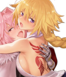 Rule 34 | 1boy, 1girl, :d, astolfo (fate), back tattoo, blonde hair, braid, breasts, commentary request, fang, fate/apocrypha, fate (series), hetero, hug, jeanne d&#039;arc (fate), jeanne d&#039;arc (girl from orleans) (fate), jeanne d&#039;arc (ruler) (fate), long hair, looking at viewer, medium breasts, nekoi mie, open mouth, pink eyes, pink hair, purple eyes, sideboob, simple background, single braid, skin fang, smile, tattoo, trap, white background