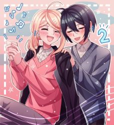 Rule 34 | 1boy, 1girl, :d, ahoge, akamatsu kaede, alternate costume, alternate hairstyle, black hair, blush, cheer (cheerpuppy14), closed eyes, collared shirt, commentary, cowboy shot, danganronpa (series), danganronpa v3: killing harmony, dress shirt, earphones, english commentary, facing another, fortissimo, from side, green background, grey pants, grey sweater, hair ornament, hand up, highres, holding, holding phone, jacket, jacket on shoulders, multicolored background, musical note, musical note hair ornament, musical note print, notice lines, open mouth, pants, phone, pink background, pink sweater, saihara shuichi, shirt, short hair, smile, striped, sweater
