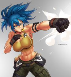 Rule 34 | 1girl, abs, black gloves, blue eyes, blue hair, breasts, cleavage, commission, crop top, dog tags, gloves, hybridmink, jewelry, large breasts, leona heidern, long hair, midriff, muscular, muscular female, navel, necklace, ponytail, punching, simple background, solo, the king of fighters, the king of fighters xiv