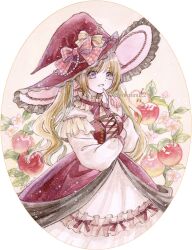 Rule 34 | 1girl, apple, artist name, beads, blonde hair, bow, choker, circle, collar, commentary request, cross-laced clothes, dress, dress bow, flower, food, frilled choker, frilled collar, frilled dress, frilled hat, frills, fruit, hat, hat bow, hat ribbon, highres, index finger raised, layered dress, leaf, long hair, long sleeves, looking at viewer, nazumi shiho, open mouth, original, painting (medium), pink flower, plaid, plaid bow, puffy long sleeves, puffy sleeves, purple eyes, purple hat, red bow, red dress, red hat, ribbon, ribbon-trimmed dress, round image, smile, solo, traditional media, twintails, twitter username, two-tone dress, watercolor (medium), watermark, white background, white collar, white dress, white flower, witch, witch hat