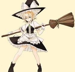 Rule 34 | 1girl, bad id, bad pixiv id, blonde hair, boots, braid, broom, female focus, gloves, hat, highres, kirisame marisa, long hair, ribbon, simple background, solo, takaharu, touhou, witch, witch hat, yellow eyes
