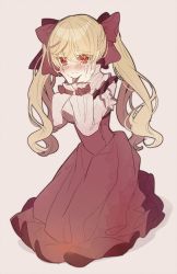 Rule 34 | 1girl, black bow, blonde hair, blush, bow, dress, full body, hair bow, hands on own cheeks, hands on own face, highres, kneeling, long hair, long sleeves, looking at viewer, mogmogyasai, original, red eyes, simple background, solo, tearing up, twintails, white background