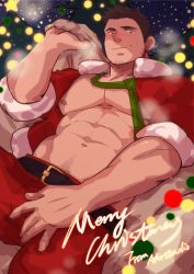 Rule 34 | 1boy, abs, absurdres, bara, bare pectorals, blush, bulge, christmas, cowboy shot, facial hair, from below, fur-trimmed jacket, fur trim, highres, jacket, large pectorals, looking at viewer, male focus, masayoshi togashi (alu379), mature male, merry christmas, muscular, muscular male, navel, navel hair, necktie, unworn necktie, nipples, open clothes, open jacket, original, pants, pectorals, red jacket, red pants, santa costume, short hair, sideburns, sleeves rolled up, solo, stomach, stubble, thick thighs, thighs