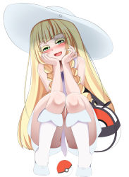 Rule 34 | 1girl, absurdres, bag, bare shoulders, blonde hair, blush, braid, creatures (company), eyelashes, game freak, hat, highres, lillie (pokemon), long hair, looking at viewer, mapar, nintendo, open mouth, poke ball, pokemon, simple background, squatting, twin braids, white background, white headwear, white legwear