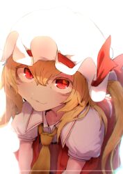 Rule 34 | :3, absurdres, ascot, blonde hair, flandre scarlet, hat, hat ribbon, highres, looking at viewer, medium hair, mob cap, one side up, puffy short sleeves, puffy sleeves, red eyes, red ribbon, red vest, ribbon, shirt, short sleeves, slit pupils, sotatsudraw, touhou, vest, white background, white shirt, yellow ascot