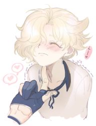 Rule 34 | 10s, 1boy, bad id, bad pixiv id, blue gloves, blush, casual, closed eyes, closed mouth, freckles, gloves, gokotai, hair over one eye, hand on another&#039;s chin, heart, male focus, pale skin, partially fingerless gloves, platinum blonde hair, ribbon, scratching chin, see-through, simple background, solo focus, soul (tamashii), spoken heart, stroking another&#039;s chin, touken ranbu, trembling, tsurumaru kuninaga, upper body, wavy mouth, white background