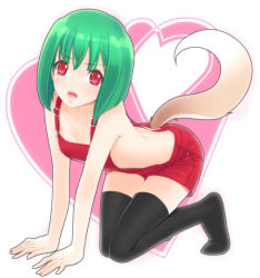 Rule 34 | 00s, 1girl, all fours, ama mitsuki, bad id, bad pixiv id, black thighhighs, blush, bob cut, dog tail, fangs, green hair, heart, macross, macross frontier, naked overalls, nose art, open mouth, overalls, ranka lee, red eyes, short hair, simple background, solo, tail, teeth, thighhighs, tongue