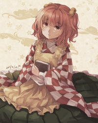 Rule 34 | 1girl, apron, book, breasts, bright pupils, checkered clothes, checkered kimono, closed mouth, dated, expressionless, green skirt, hair bobbles, hair ornament, holding, holding book, japanese clothes, kimono, looking at viewer, m (neteitai10), motoori kosuzu, petticoat, pleated skirt, red eyes, red hair, simple background, sitting, skirt, small breasts, solo, touhou, two side up, white pupils, wide sleeves, yellow apron, yellow background