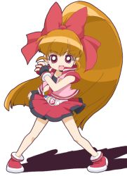 Rule 34 | 00s, 1girl, akazutsumi momoko, black gloves, bow, brown hair, earrings, fingerless gloves, gloves, hyper blossom, jewelry, long hair, looking at viewer, open mouth, ponytail, powerpuff girls, powerpuff girls z, red bow, red eyes, red footwear, red skirt, shoes, skirt, solo, standing, very long hair