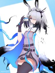 Rule 34 | 1girl, alternate costume, animal ear fluff, animal ears, arknights, black gloves, black shorts, black thighhighs, blue eyes, breasts, cloak, cowboy shot, dress, frostnova (arknights), gloves, grey dress, grey hair, hair over one eye, highres, holding, jojourney123, long hair, looking at viewer, medium breasts, name tag, rabbit ears, rabbit girl, scar, scar on face, scar on nose, shorts, signature, simple background, smile, solo, thighhighs, twitter username, white cloak