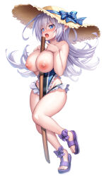 Rule 34 | 1girl, alternate costume, aqua eyes, asahi, between breasts, between legs, blue eyes, breasts, curvy, embarrassed, food, fruit, full body, grey hair, highleg, highleg swimsuit, huge breasts, lilith-soft, long hair, looking at viewer, miriam (taimanin asagi), nipples, official alternate costume, one-piece swimsuit, open mouth, pointy ears, shiny skin, swimsuit, taimanin (series), taimanin rpgx, very long hair, watermelon, white background, white hair, wide hips